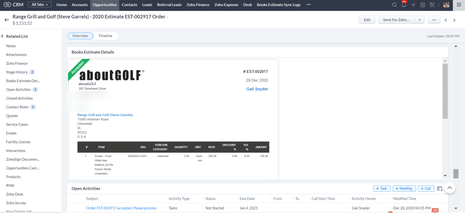 An accepted aboutGOLF branded Zoho Books estimate for a Range Grand and Golf order, with itemized line items