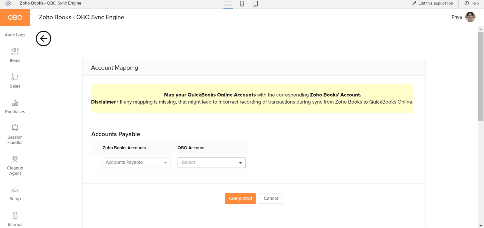 Account Mapping edit screen for mapping a Zoho Books account to a QuickBooks Online account