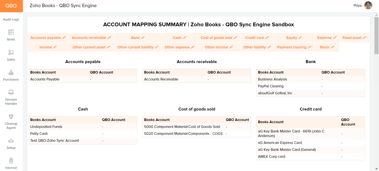 Account Mapping Summary showing Zoho Books accounts payable, receivable, bank, cash and cost of goods sold mapped to QBO accounts