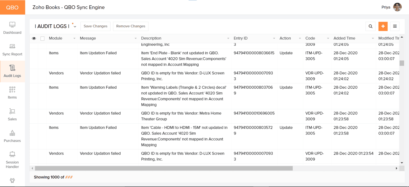Audit log table listing Sync Validator error classifications like invalid field values and unmapped sales accounts