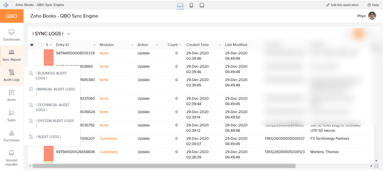 Audit Logs menu showing Business, Manual, Technical and System audit log options