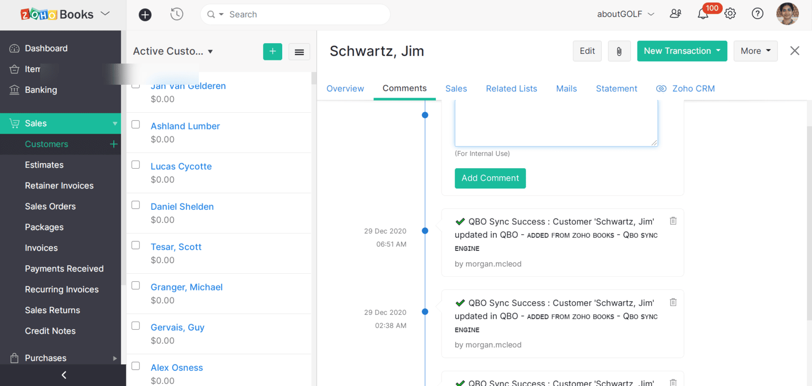 Zoho Books customer record comment timeline showing automated QBO sync success entries written by the sync engine