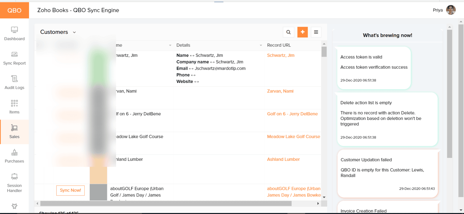 Customers list in the sync engine with per-record Sync Now buttons and a live activity feed