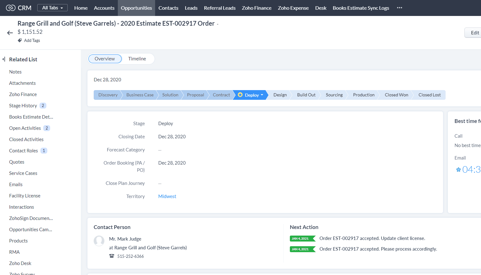 Zoho CRM Deal record overview showing stage, timeline and books estimate link