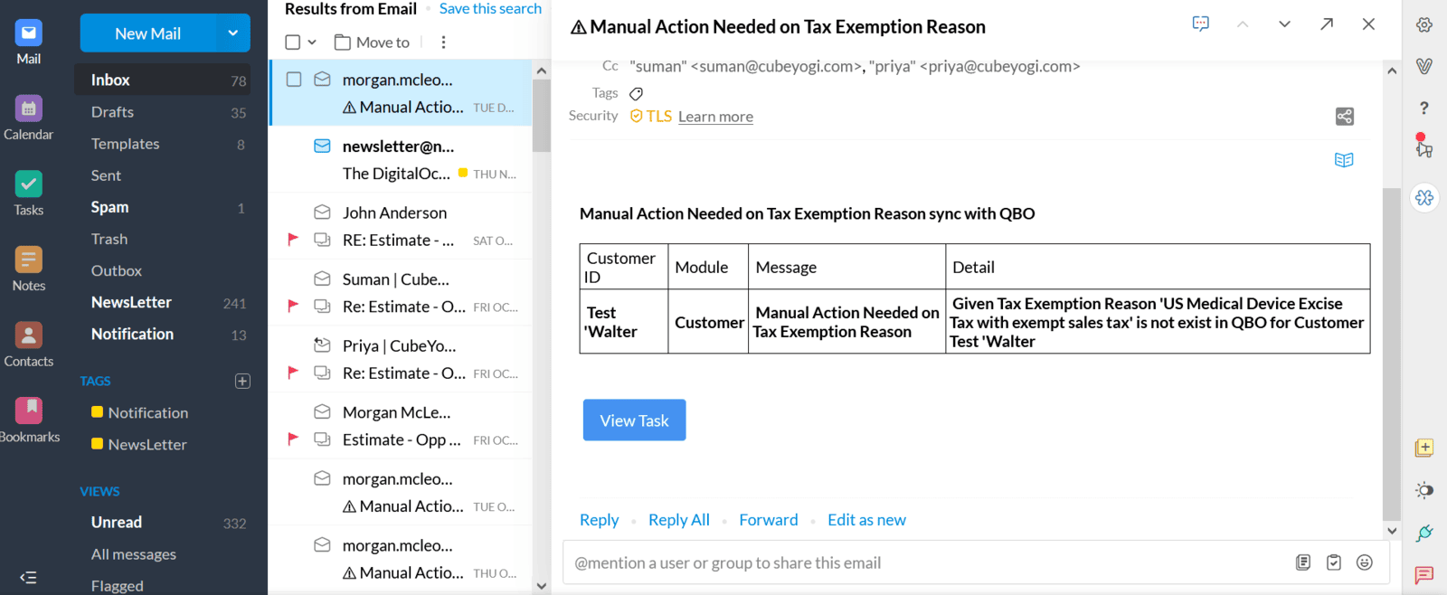 Automated email alert flagging a manual action needed because a tax exemption reason did not exist in QBO for a customer