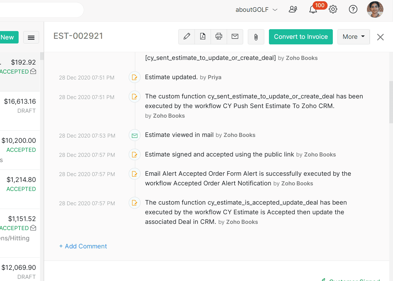 Zoho Books estimate comment timeline showing the estimate updated, viewed in email, and CRM deal update events