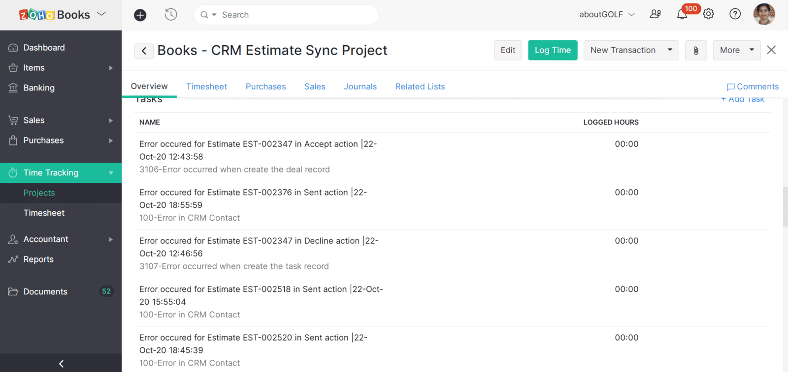 Books CRM Estimate Sync project timesheet listing errors that occurred during estimate-to-deal sync attempts