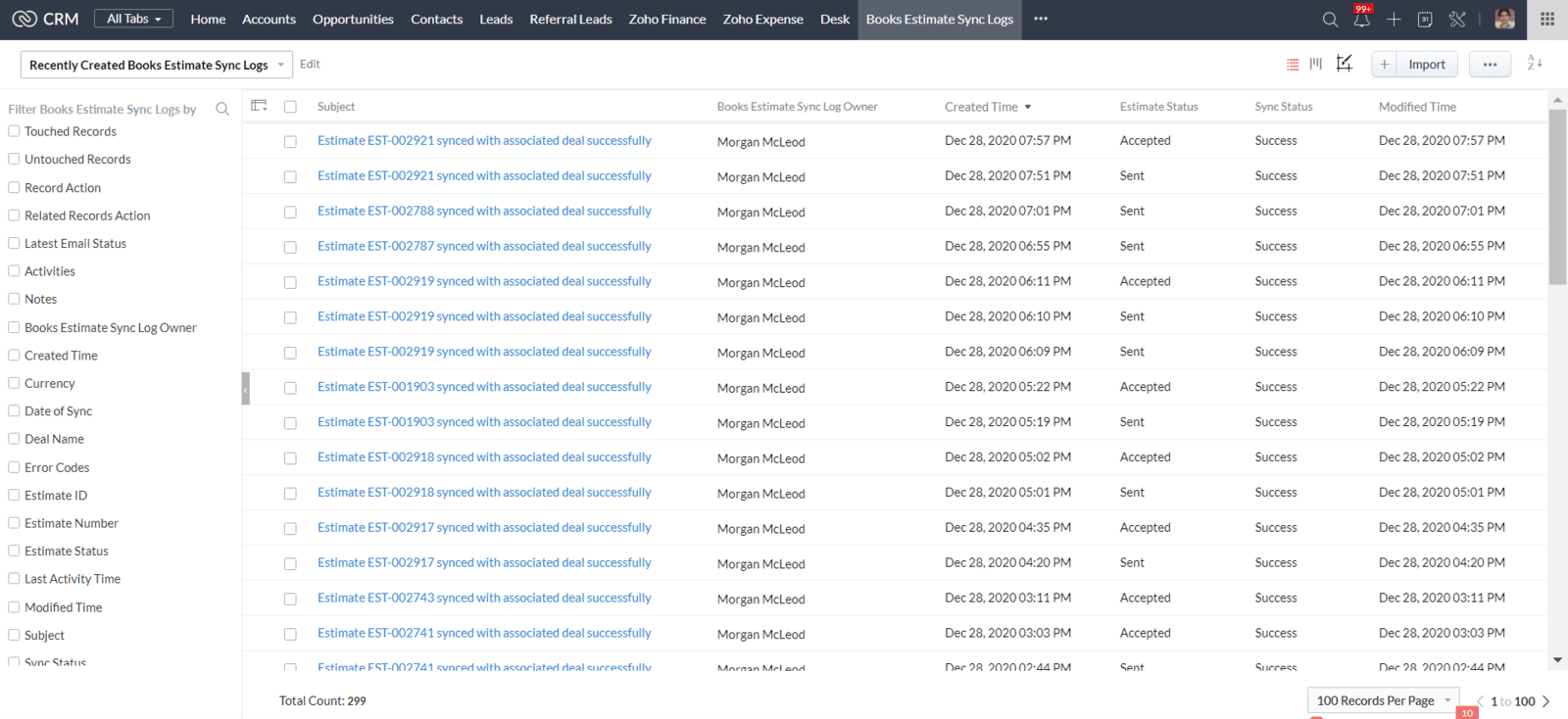 Books Estimate Sync Logs list showing estimates synced with associated deals, marked success