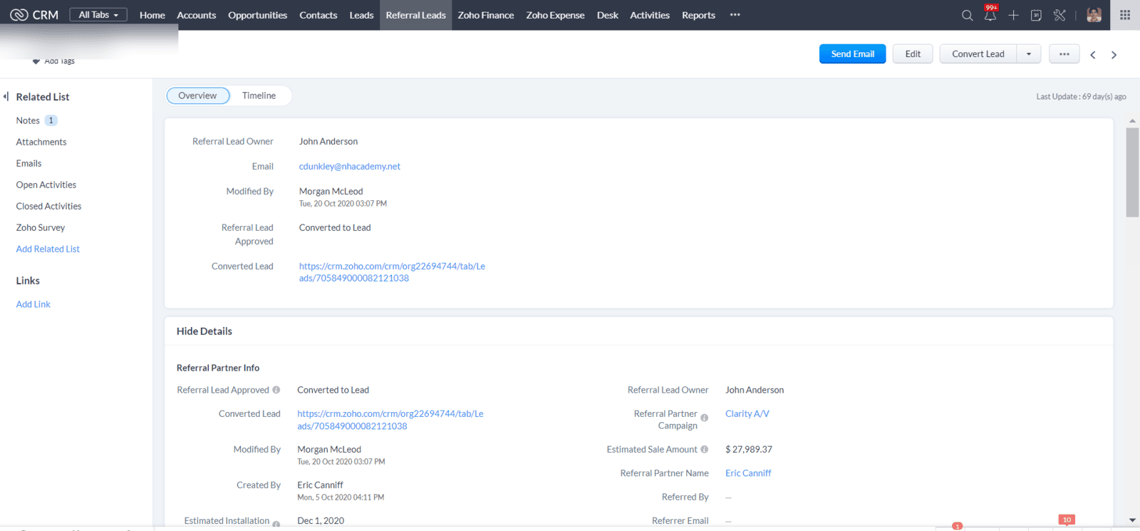 Referral lead record marked converted to lead with referral partner info preserved