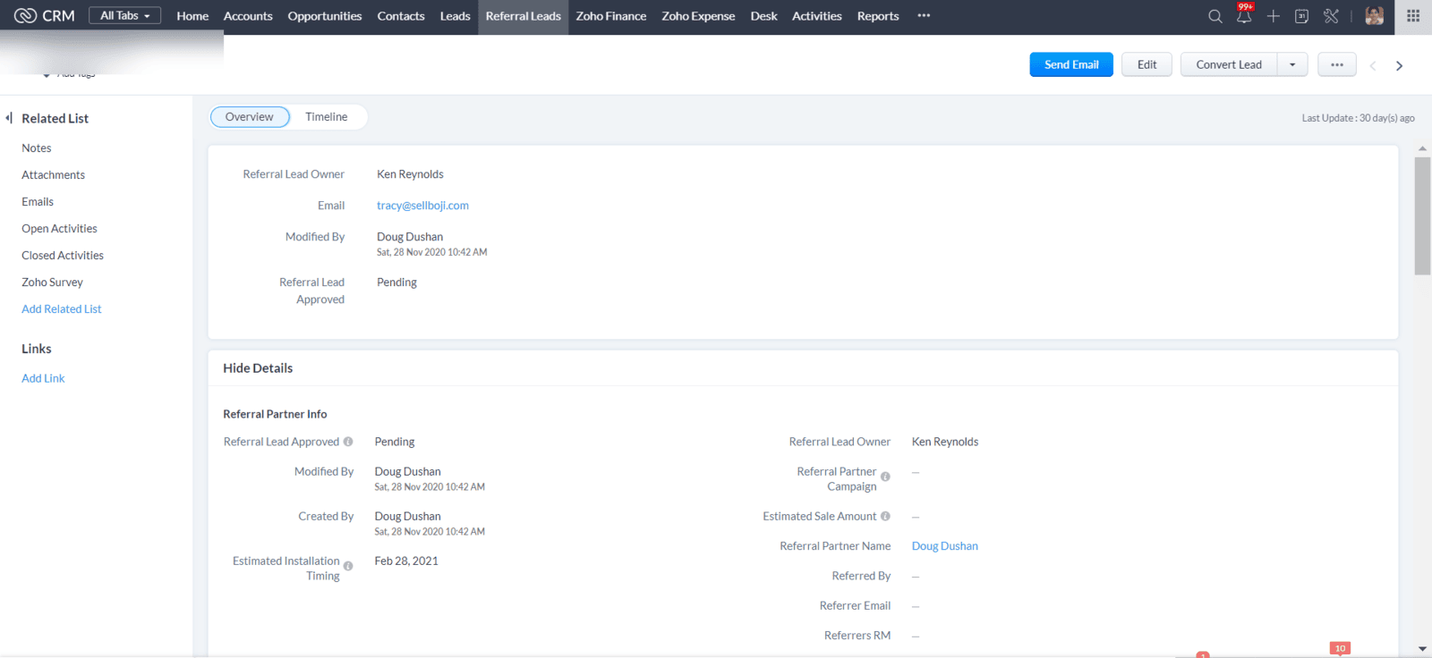 Referral lead record in Zoho CRM showing pending approval status and referral partner info