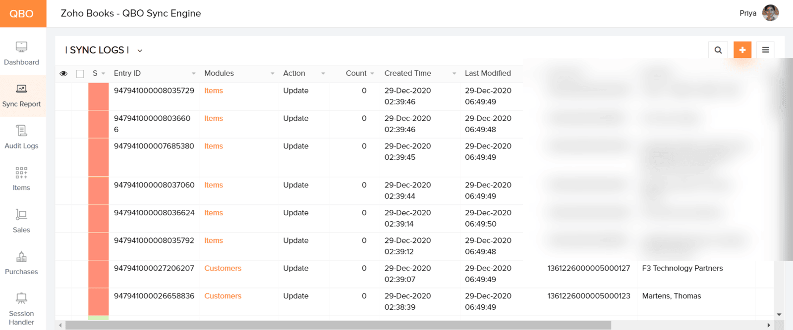 Sync Logs table showing Record Fetcher entries pulled from Zoho Items and Customers