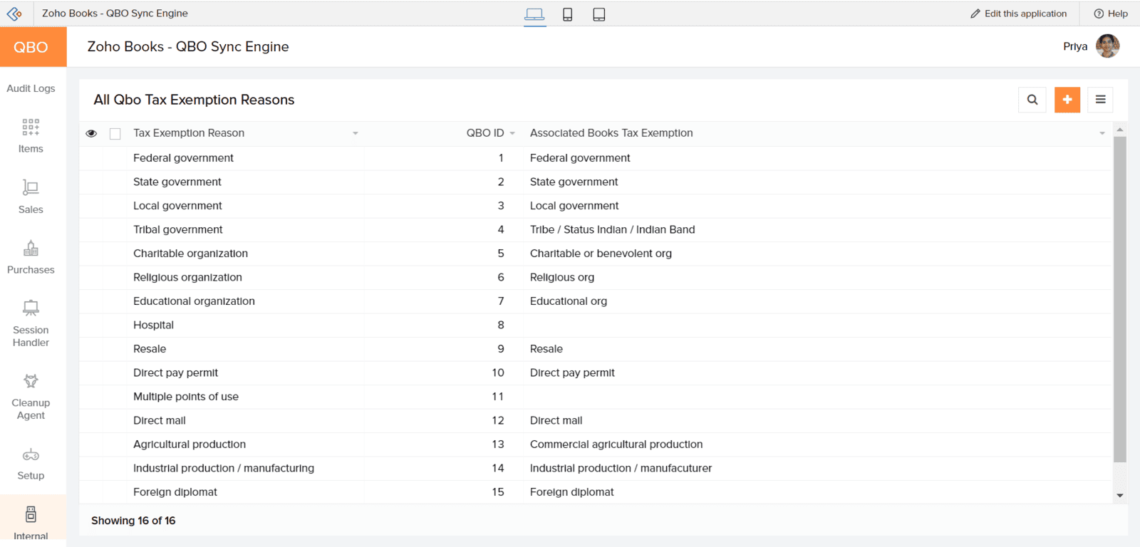 All QBO tax exemption reasons reference table, mapped from Avalara exemption codes to Zoho Books tax exemptions