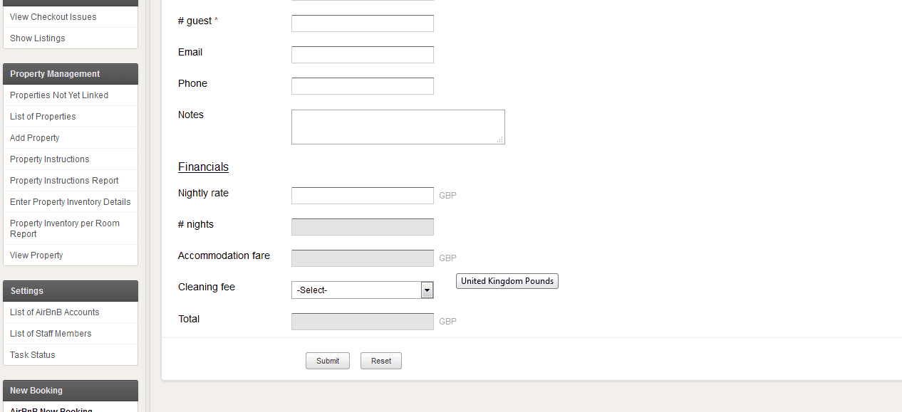 Airbnb New Booking form - financials