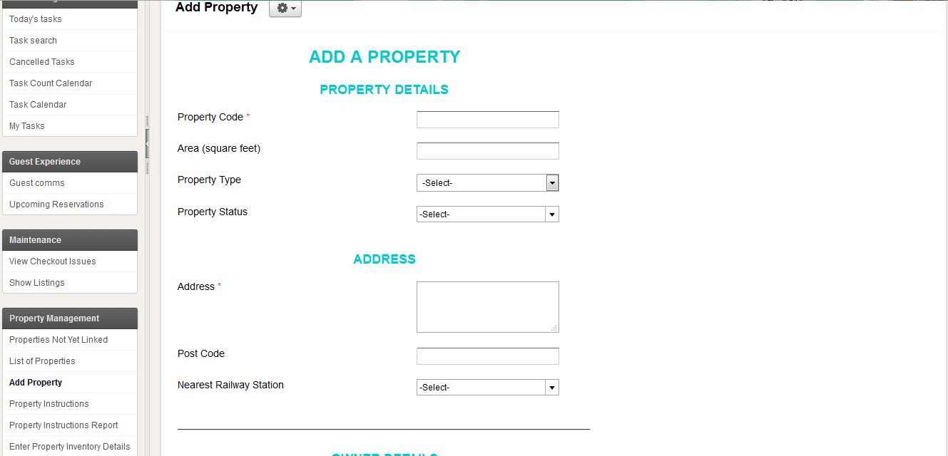 Add Property form - property details and address
