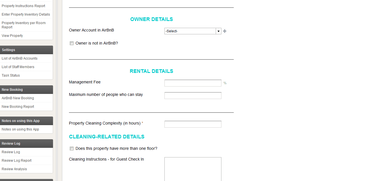 Add Property form - owner and rental details