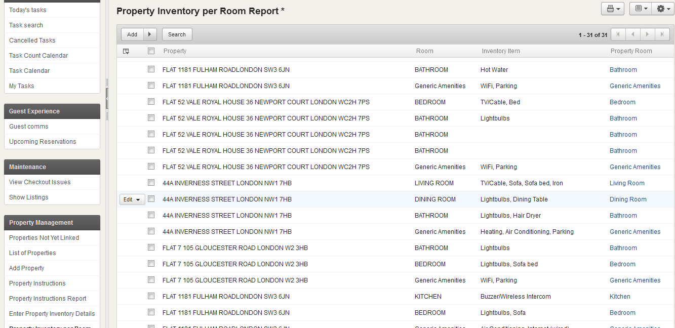 Property Inventory per Room report